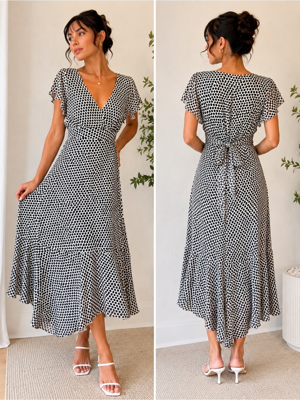 Jonathan Martin Y2K Polka Dot Midi Dress Size 10 Asymmetrical Hem Flutter Sleeve